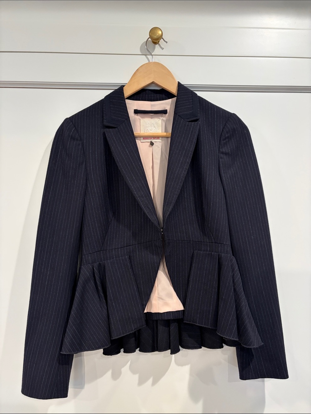 Rebecca Taylor Navy Pinstripe Peplum Blazer with Pink Lining